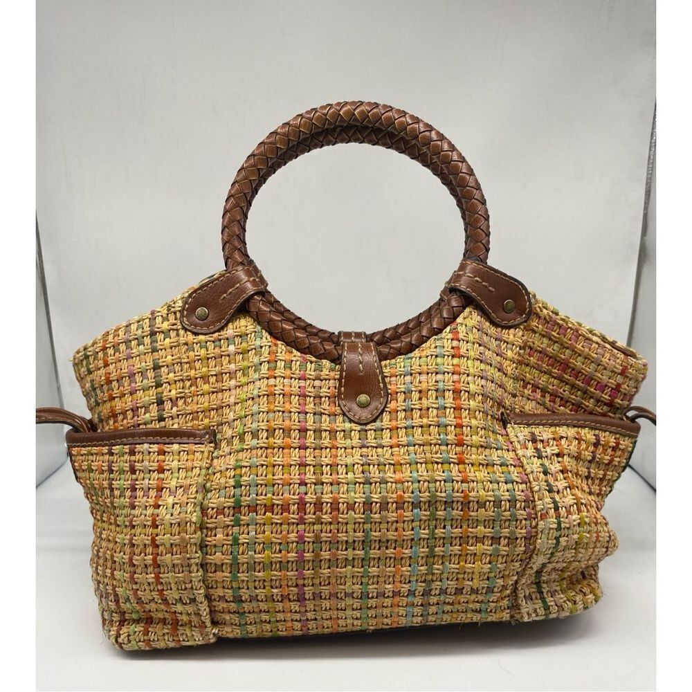 Fossil Multicolor Woven Straw Satchel with Brown Braided Handles